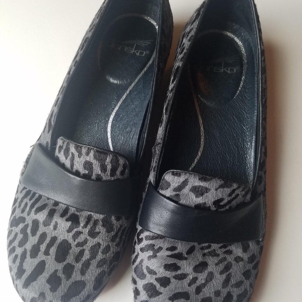 Dansko | animal print black slip on shoes fur grey